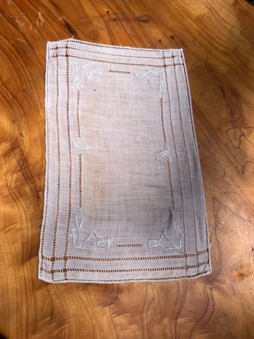 Antique White Embroidered Linen Doily Note: a stain